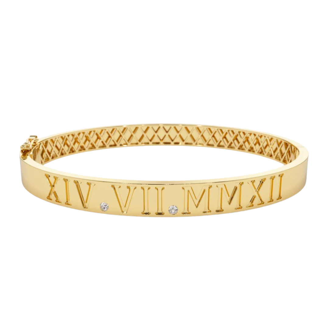 Roman Numeral Personalized Gold Bangle Bracelet (0.03 CT)